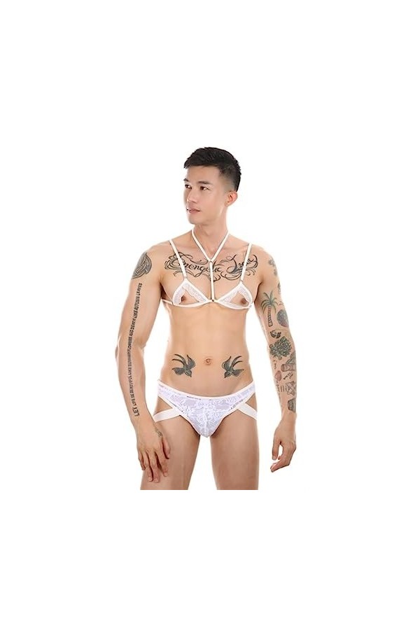 Ensemble de Lingerie Transparente pour Hommes Sexy Soutien-Gorge en Dentelle Camisole String Sac T-Back Ouverture Soutien-Gor