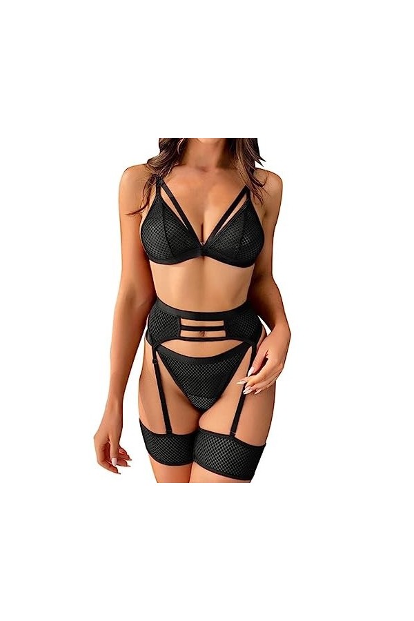 Lingerie Sexy pour Femme Soutien-Gorge en Maille Transparente Pyjama Lingerie Taille Haute Soutien-Gorge + String Pyjama Ense