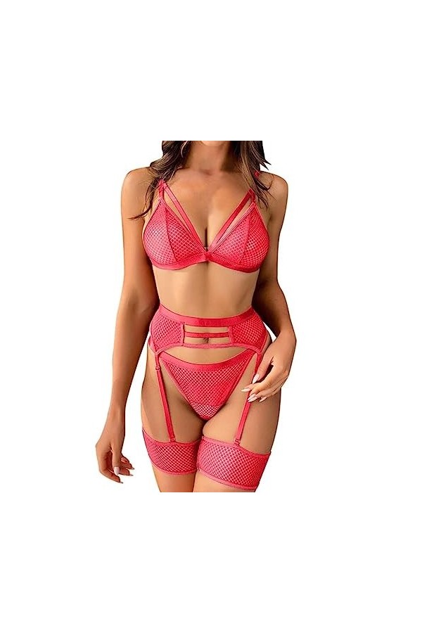 Lingerie Sexy pour Femme Soutien-Gorge en Maille Transparente Pyjama Lingerie Taille Haute Soutien-Gorge + String Pyjama Ense