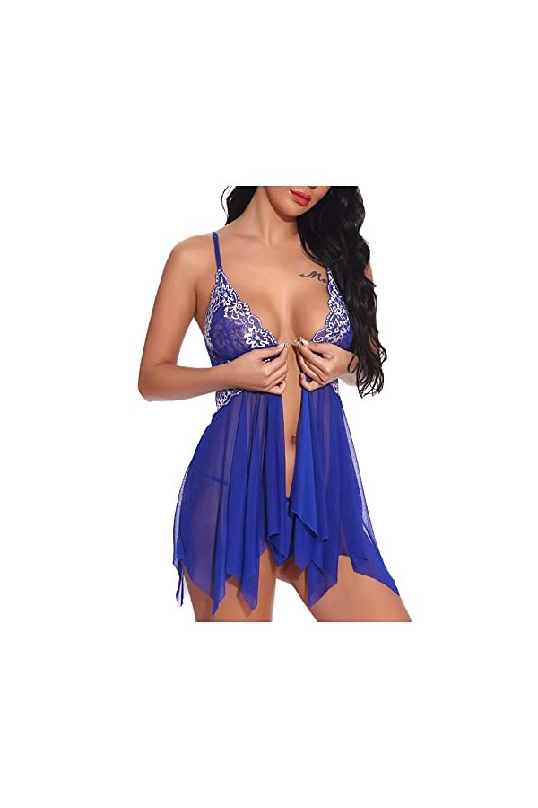 Pyjama sexy pour femme - Col en V - Lingerie sexy - Avec bretelles - En dentelle, Vert armée., M