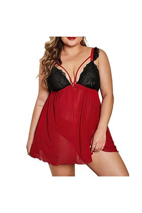 Pyjama en soie glacée pour femme - Col en V - Sexy - Bandoulière réglable - Lignes A - Flowy - Anneau en acier, rouge, XXL