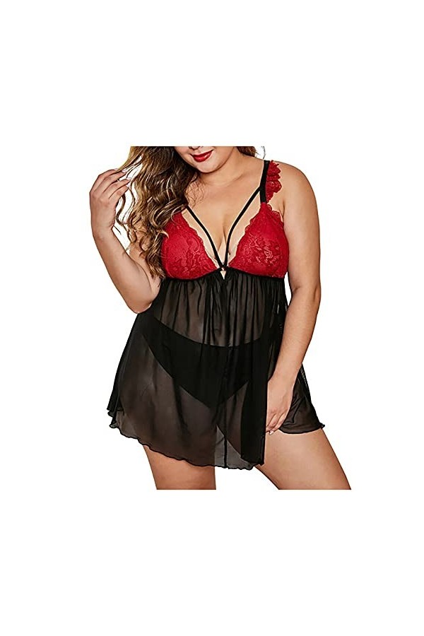 Pyjama en soie glacée pour femme - Col en V - Sexy - Bandoulière réglable - Lignes A - Flowy - Anneau en acier, rouge, XXL