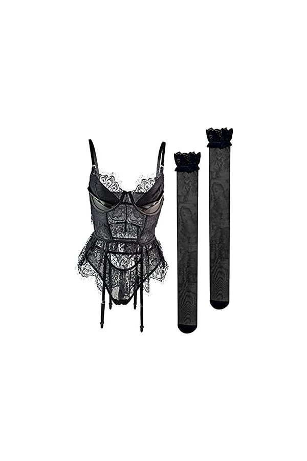 GilRu Lingerie sexy à trois points avec anneaux à repasser et dentelle brodée vêtements violet, taille M 