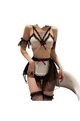 Lingerie Sexy Mignon Femme de Chambre sous-vêtements Soutien-Gorge Jupe Culotte Ensemble Femmes Transparent Maille Robe Sexe 