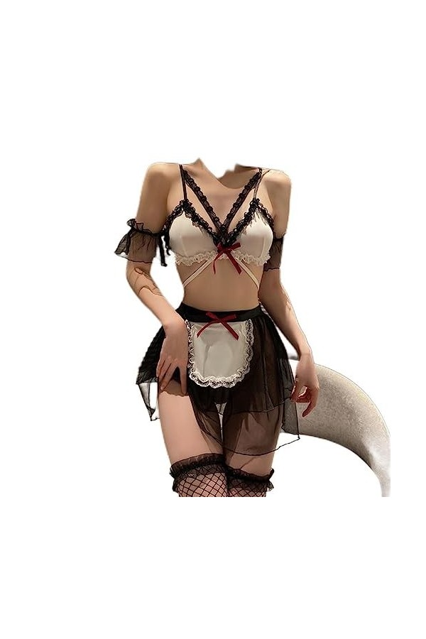 Lingerie Sexy Mignon Femme de Chambre sous-vêtements Soutien-Gorge Jupe Culotte Ensemble Femmes Transparent Maille Robe Sexe 