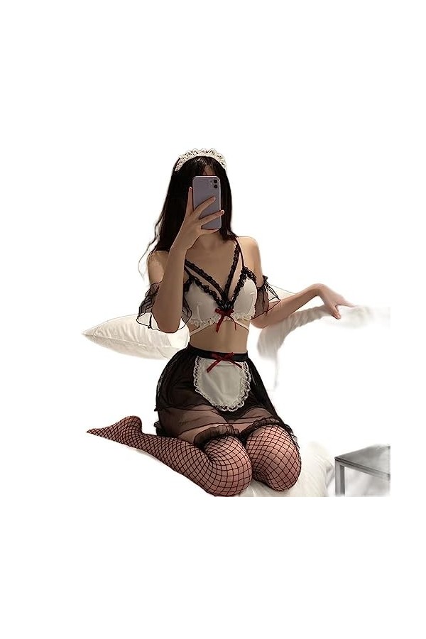 Lingerie Sexy Mignon Femme de Chambre sous-vêtements Soutien-Gorge Jupe Culotte Ensemble Femmes Transparent Maille Robe Sexe 