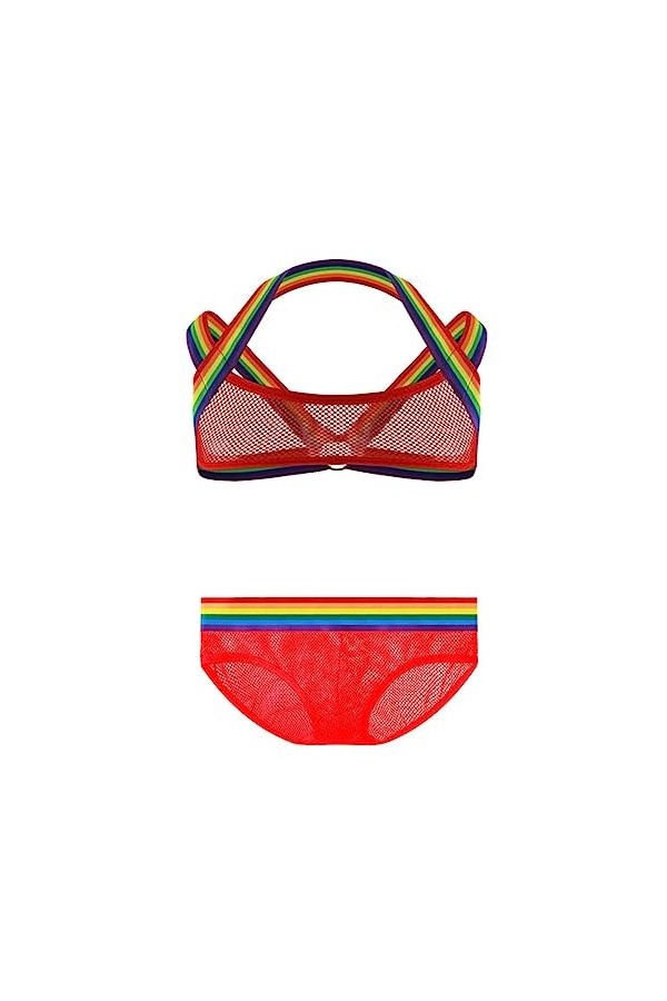 MENGQING Ensemble de lingerie sexy pour homme en maille avec cordon de serrage, culotte, ensemble de lingerie arc-en-ciel tra