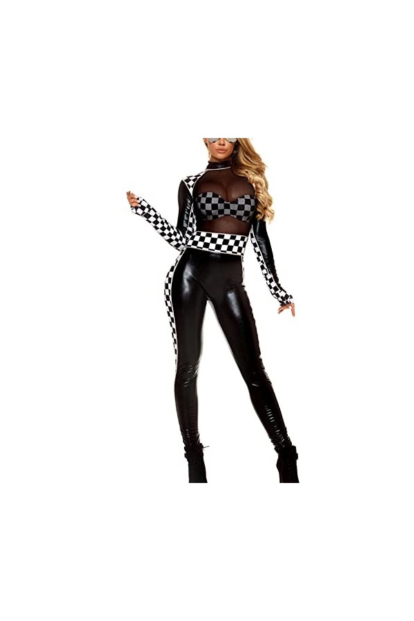 MANYMANY Catsuit Noir Verni Catsuit en PVC pour Femme Combinaison en Cuir Wetlook Rouge sans Entrejambe Femme