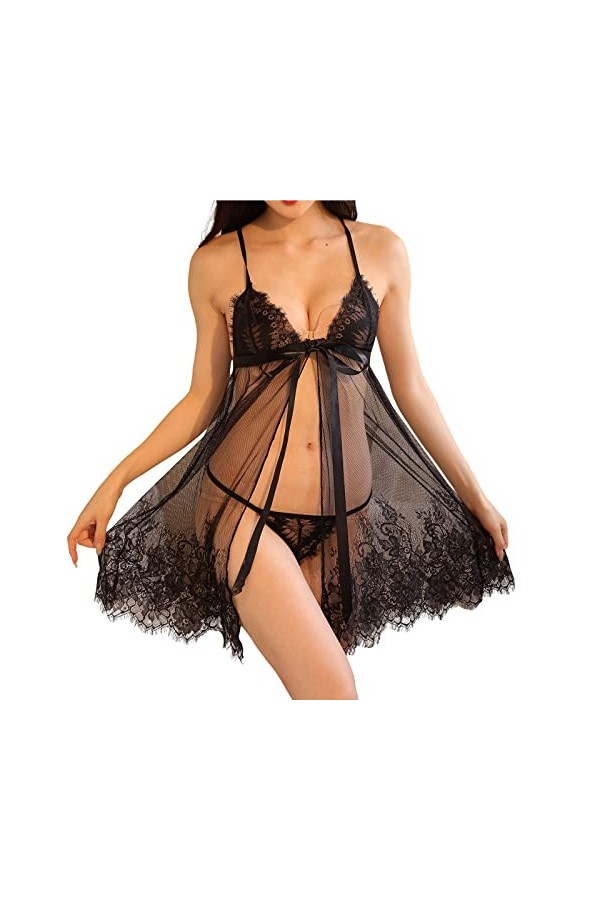 Sous-vêtement amusant pour femme - Dentelle - Avec ourlet - En maille transparente - En V profond - Noir, Noir , taille uniqu