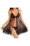 Sous-vêtement amusant pour femme - Dentelle - Avec ourlet - En maille transparente - En V profond - Noir, Noir , taille uniqu