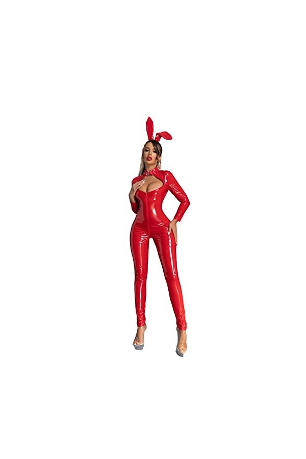 MANYMANY Catsuit Noir Verni Catsuit en PVC pour Femme Combinaison en Cuir Wetlook Rouge sans Entrejambe