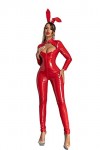 MANYMANY Catsuit Noir Verni Catsuit en PVC pour Femme Combinaison en Cuir Wetlook Rouge sans Entrejambe