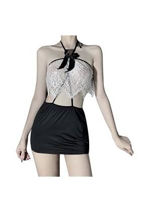 liaddkv Mini chemise de nuit courte sexy avec dos en V profond et dentelle, Noir , taille unique