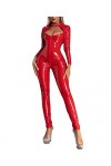 MANYMANY Catsuit Noir Verni Catsuit en PVC pour Femme Combinaison en Cuir Wetlook Rouge sans Entrejambe