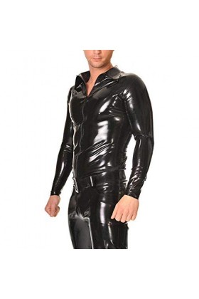 Chemise en Latex manches longues Latex ajusté Costumes Zip avant hommes vêtements en Latex en caoutchouc-noir transparent_L
