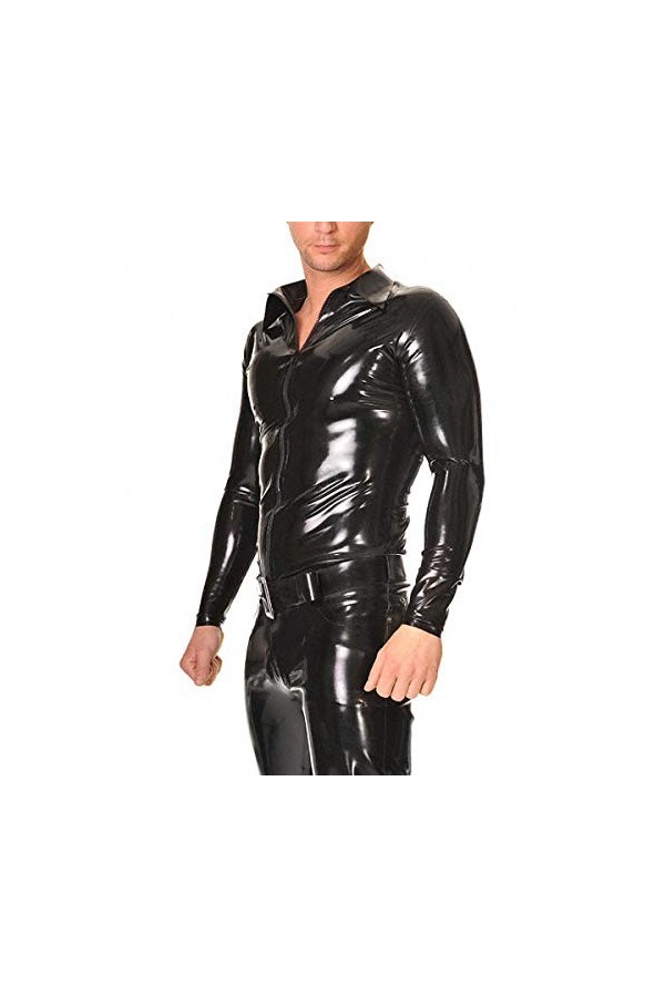 Chemise en Latex manches longues Latex ajusté Costumes Zip avant hommes vêtements en Latex en caoutchouc-noir transparent_L