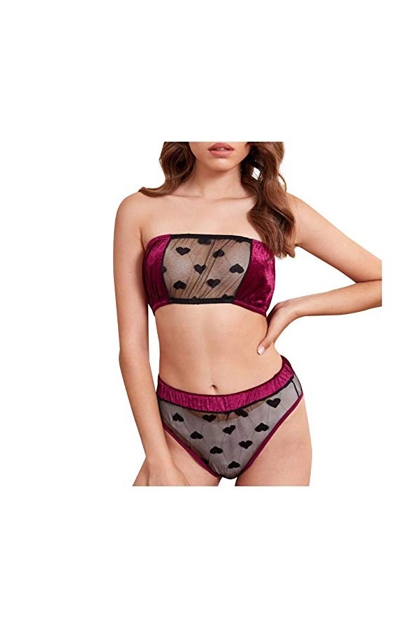 LuckycatDD Mesdames Mode Sexy Belle Lingerie Velours en Forme de Coeur Ensemble de sous-vêtements en Maille