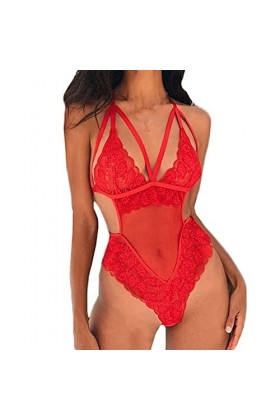 Costumes Sexy Femme Belles Femmes Body One Piece Lingerie Sexy Barboteuses V Neck Nightgown-Red_M