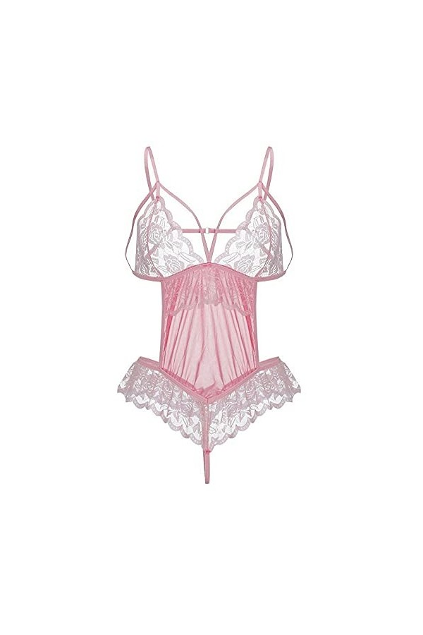 Costumes Sexy Femme Belles Femmes Body One Piece Lingerie Sexy Barboteuses V Neck Nightgown-Red_M