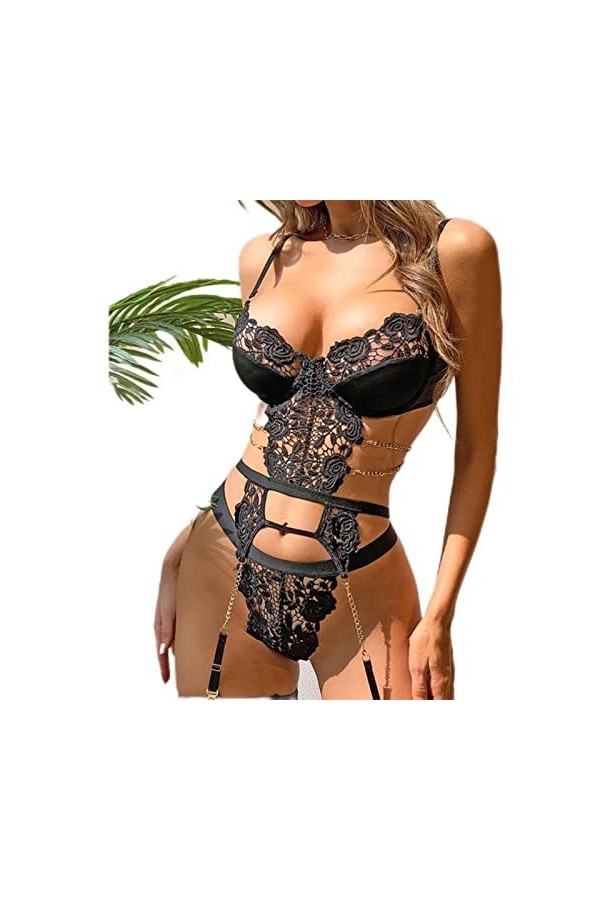 CHOUBAGUAI Lingerie sexy avec chaînes, ensemble culotte sexy en dentelle découpée pour femme, 2 pièces, belle lingerie de lux