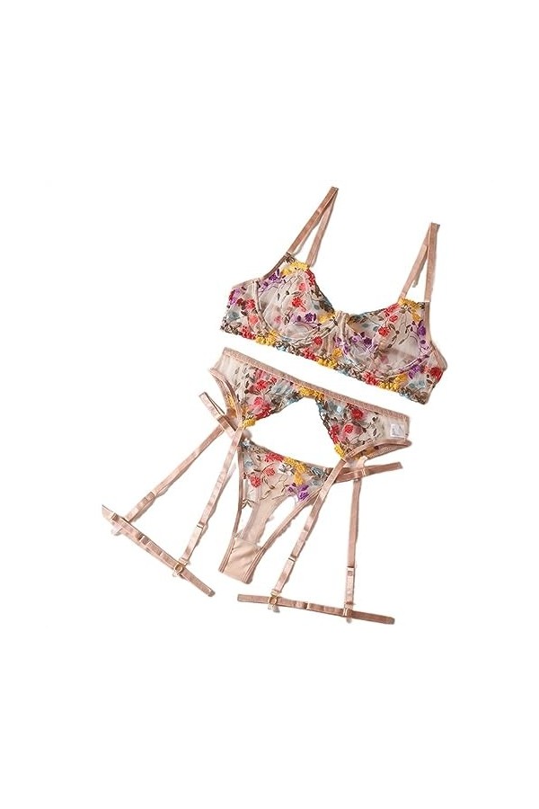 Lingerie Sensuelle Dentelle sous-Vêtements Broderie Transparente 3 Pièces Jarretelles Belles Courtes Kits Intime Color : Sky