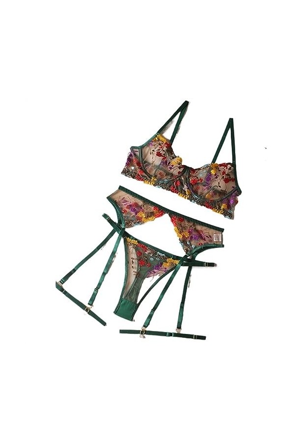 Lingerie Sensuelle Dentelle sous-Vêtements Broderie Transparente 3 Pièces Jarretelles Belles Courtes Kits Intime Color : Sky