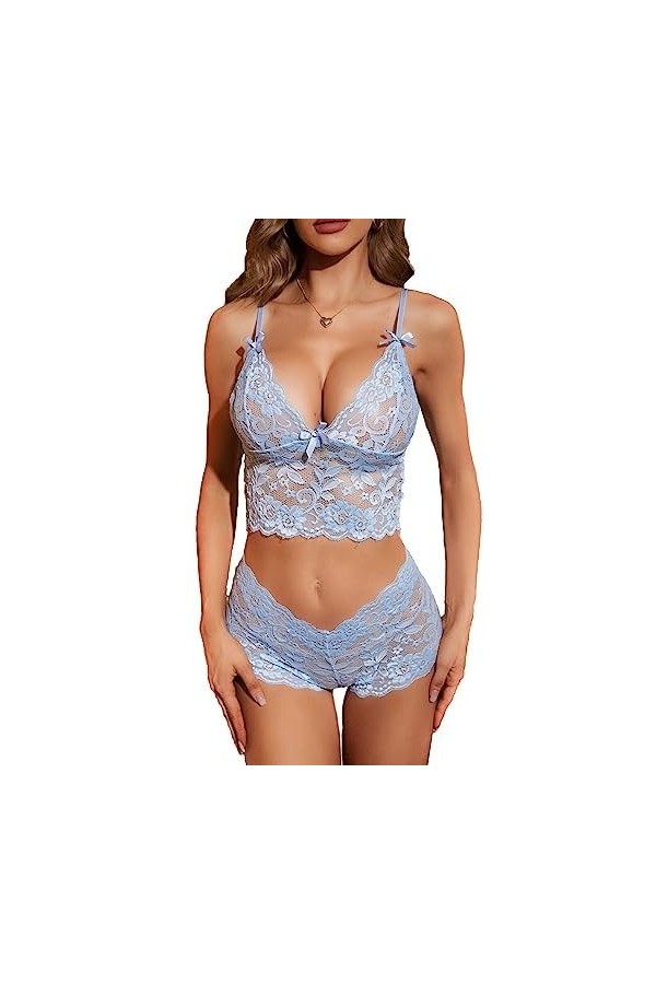Lilosy Ensemble de lingerie sexy en dentelle florale transparente taille haute soutien-gorge et culotte 2 pièces, Noeuds Papi