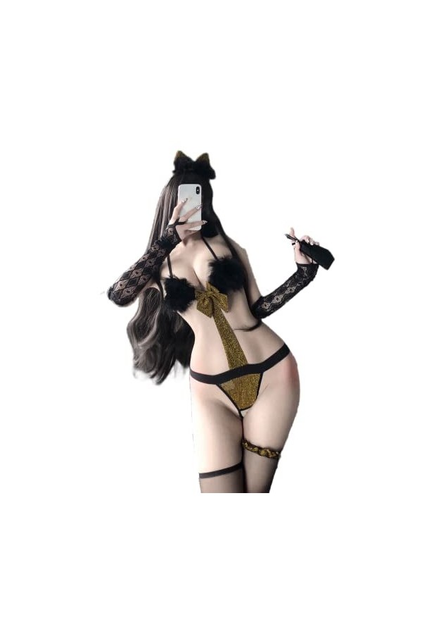 Ensemble de lingerie sexy pour femme : trois ensembles : soutien-gorge, sous-vêtements, bas, S0496 Noir, taille unique