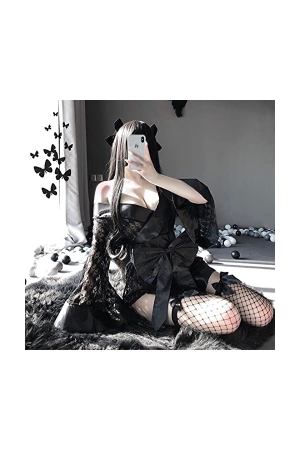 Cosplay Japonais Kimono Costumes érotiques Costumes Érotiques Nuit Robe Cardigan Rôle Play Net 3PCs Set Femmes Sexy Lingerie