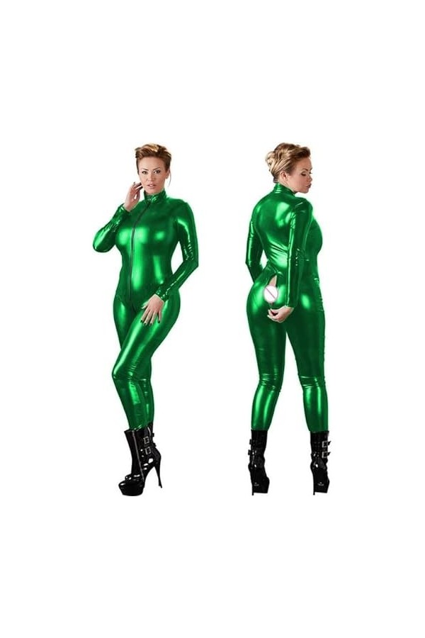JQYTEN Grande taille Sexy femmes Faux cuir combinaison paillettes Catsuit à manches longues 2 voies fermeture éclair barboteu