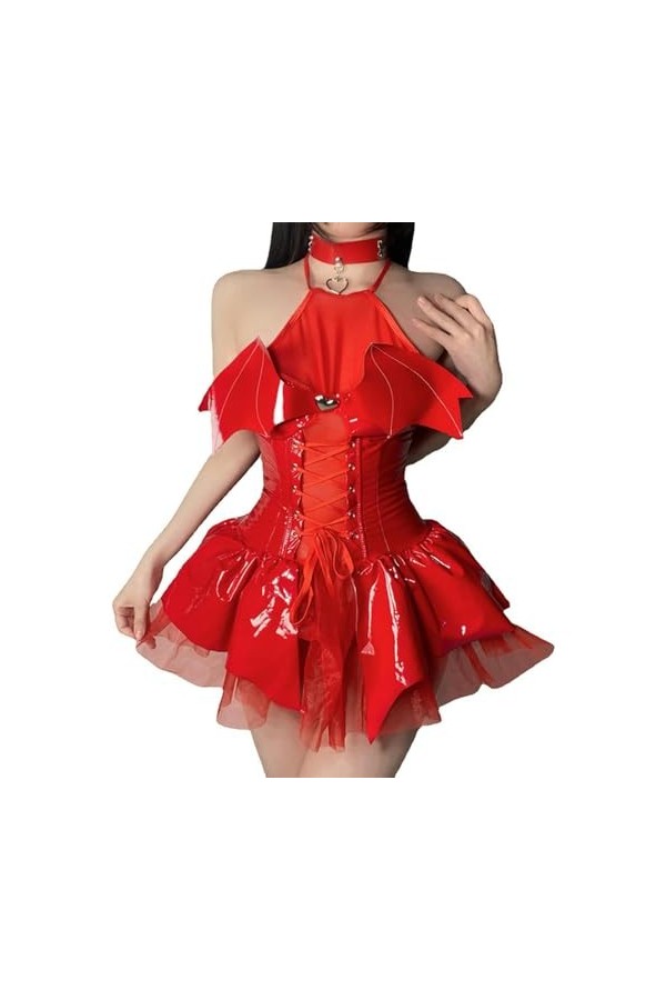 3Pcs Femmes Robe Sexy avec Strings Ras du Cou Ensemble de Lingerie À Lacets Maille Patchwork Minirobe Skinny Night Clubwear R