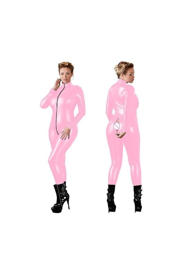 JQYTEN Grande taille Sexy femmes Faux cuir combinaison paillettes Catsuit à manches longues 2 voies fermeture éclair barboteu