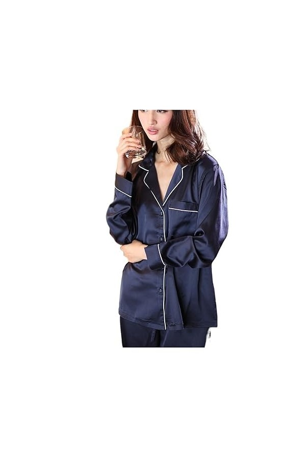 Ensemble Pyjama en Satin de Soie for Femmes, Manches Longues, vêtements de Nuit Doux, Printemps et Automne Color : B, Size :