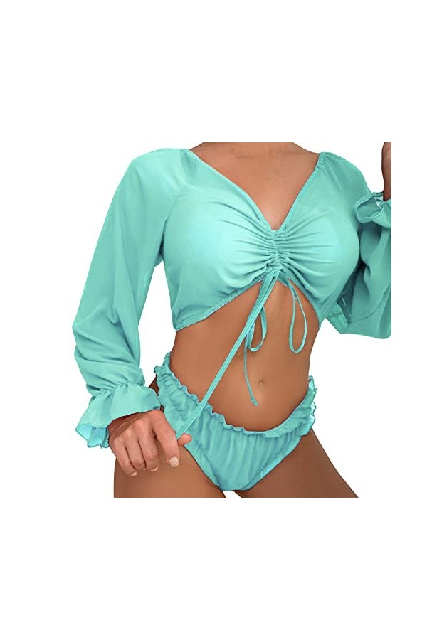 liaddkv Femme Manches Longues Sexy Lingerie Vêtements Dextérieur Pyjama Femme Haut Court Dos Nu Body, Vert menthe., S