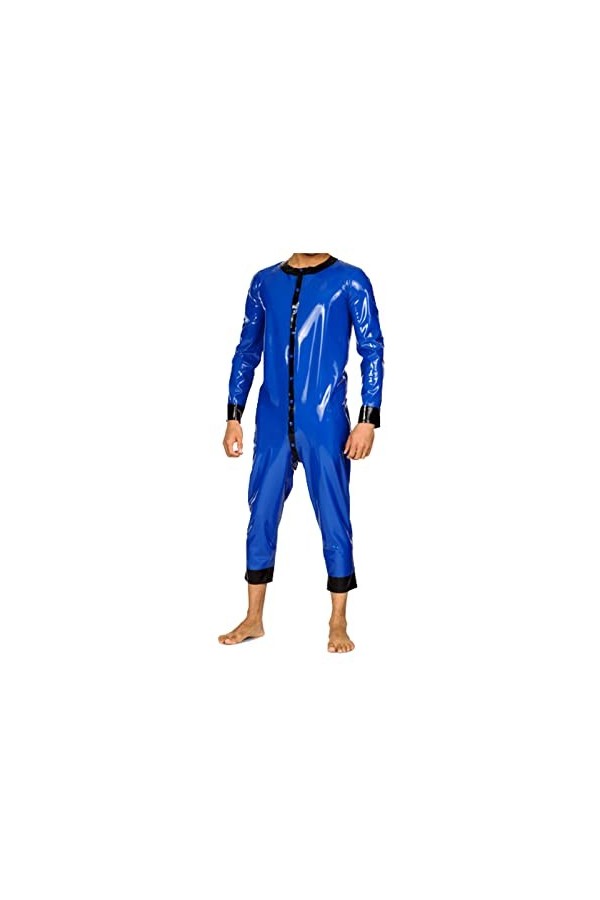 Catsuit en latex bleu marine et noir à manches longues taille de costume une pièce