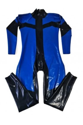 Latex Dunkelblau&Schwarz Catsuit Party Anzug Suit Tight 0.4mm Zip