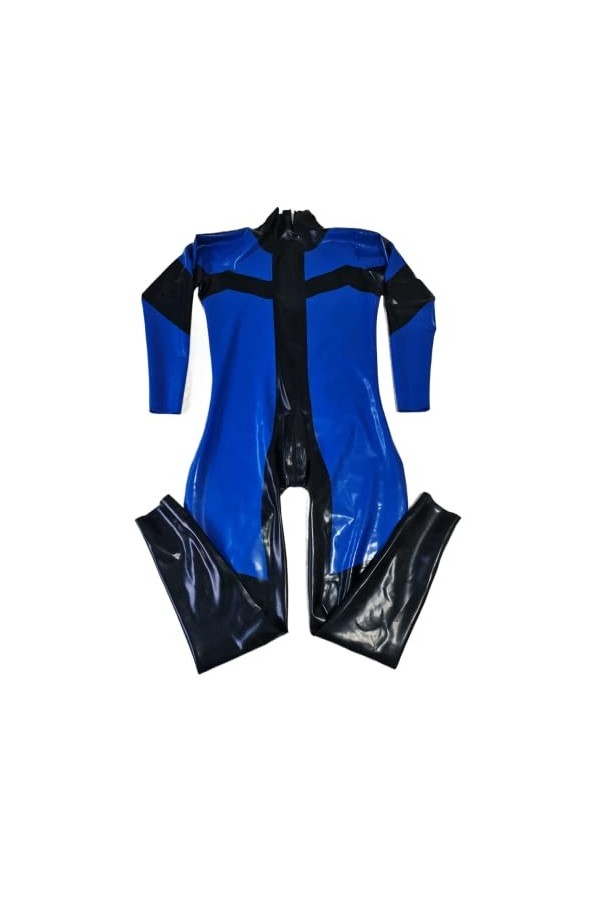 Latex Dunkelblau&Schwarz Catsuit Party Anzug Suit Tight 0.4mm Zip