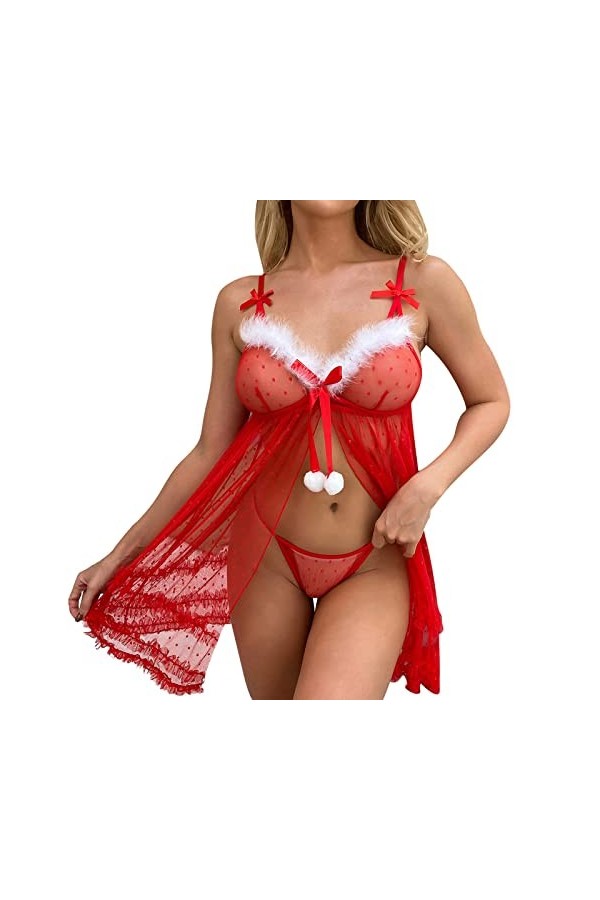 liaddkv Lingerie de Noël pour femme avec dos nu et col en V Rouge fluo, rouge, M