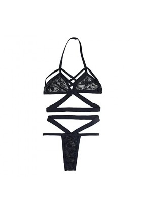 liaddkv Ensemble de lingerie en dentelle pour femme avec bralette et culotte en dentelle, Noir , S