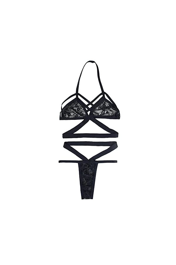 liaddkv Ensemble de lingerie en dentelle pour femme avec bralette et culotte en dentelle, Noir , S