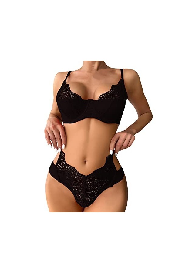 liaddkv Lingerie Femme Sexy Dentelle Crochet Décolleté Soutien-gorge Broderie et Culotte Taille Haute Push Up Ensemble Deux P