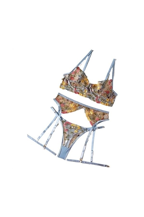 Lingerie Sensuelle Dentelle sous-Vêtements Broderie Transparente 3 Pièces Jarretelles Belles Courtes Kits Intime Color : Sky