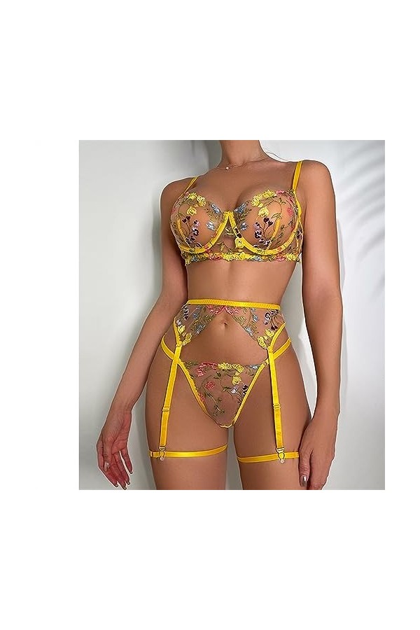 Lingerie Sensuelle Dentelle sous-Vêtements Broderie Transparente 3 Pièces Jarretelles Belles Courtes Kits Intime Color : Sky