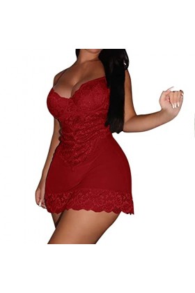 liaddkv Pyjama sexy Desire avec bretelles en dentelle pour femme, rouge, M