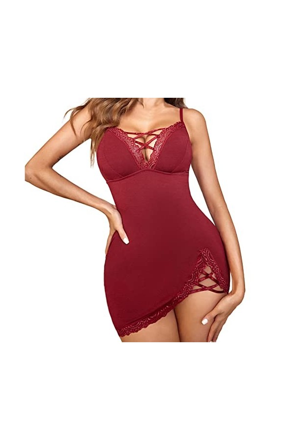 Chemise de nuit sexy en dentelle avec fente latérale pour femme, lingerie sexy S à XXL, Rouge, M