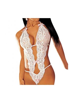 Pyjama 3 en dentelle pour femme - Ouverture dun joli point - Soutien-gorge, sac magique, Blanc., taille unique