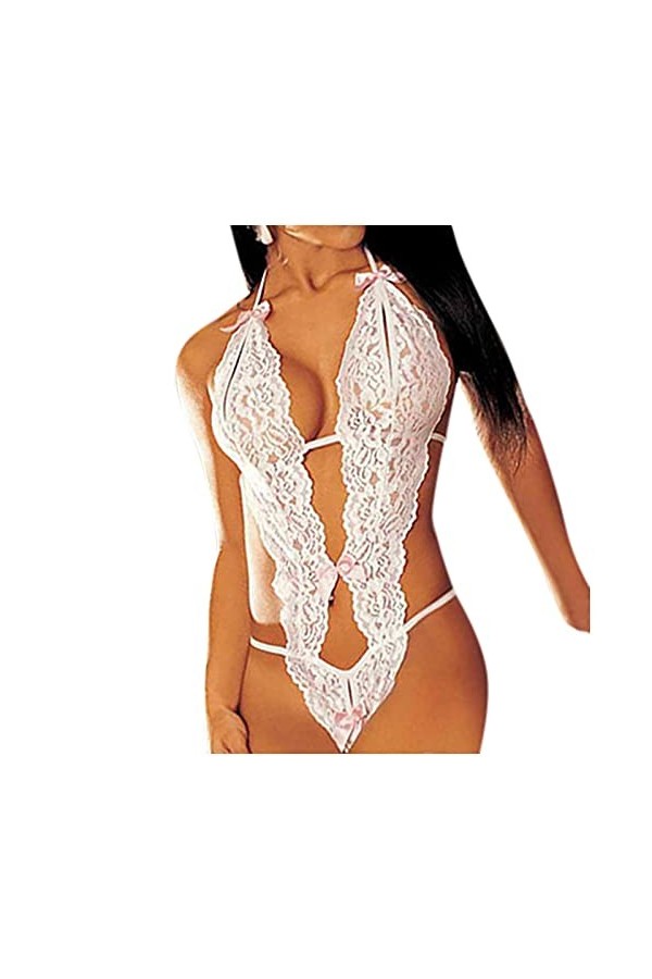 Pyjama 3 en dentelle pour femme - Ouverture dun joli point - Soutien-gorge, sac magique, Blanc., taille unique