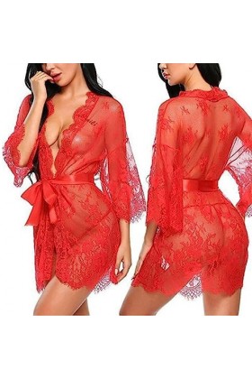 SooYoove. Lingerie Sexy. Peignoir. Transparent. Dentelles. V1. Rouge XL 