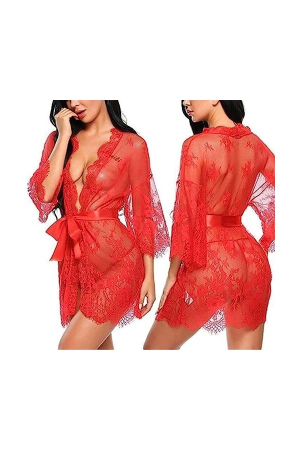 SooYoove. Lingerie Sexy. Peignoir. Transparent. Dentelles. V1. Rouge XL 