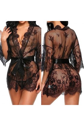 SooYoove. Lingerie Sexy. Peignoir. Transparent. Dentelles. V1. Noir. M 